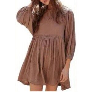 Free People Beach Get Obsessed Dress Oversized Babydoll Sz S Cocoa Boho Hippie